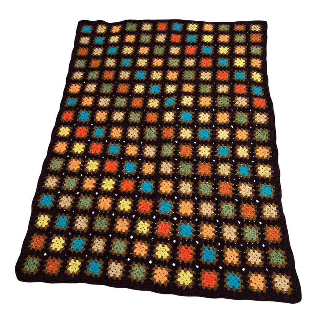 VTG‎ Autumn Fall Crochet Granny Square  Afghan Multicolor Blanket 60x43